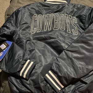NFL Navy Satin Cowboys Varsity Jacket with Stripe Trim